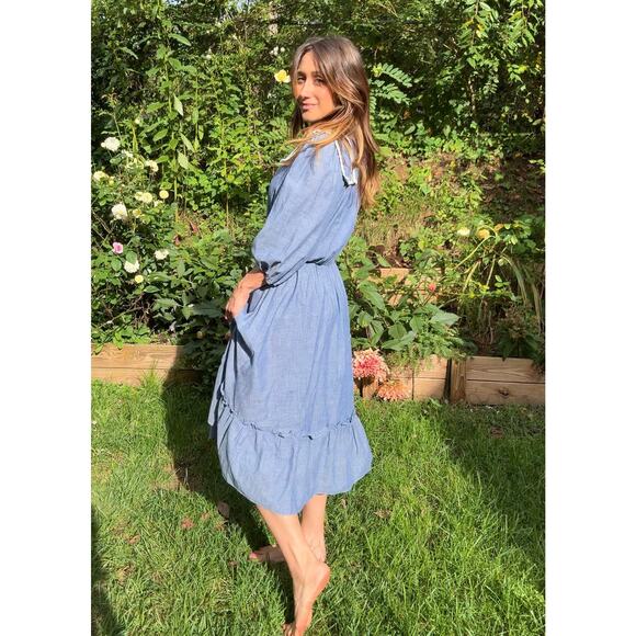 70s Chambray Prairie Dress, Lace Collar Midi - Vintage - Picture 7 of 9